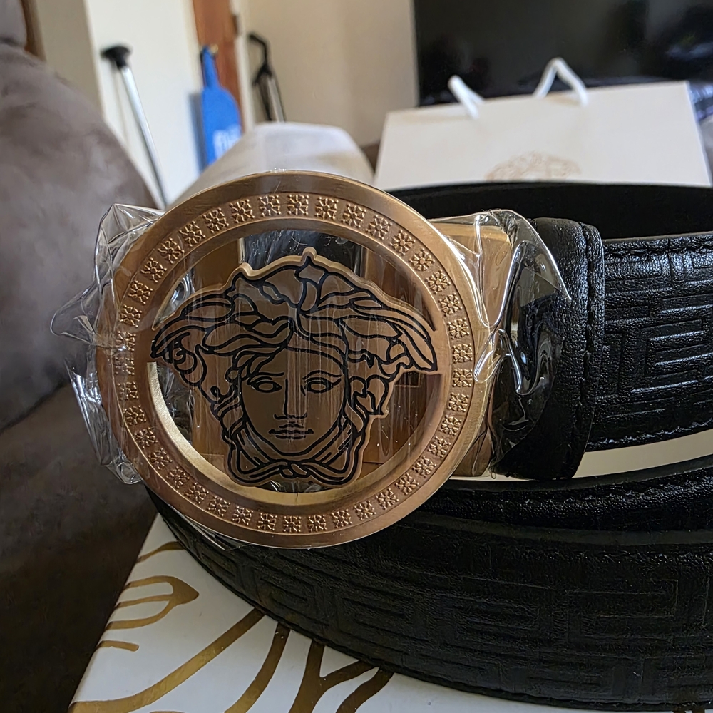 Versace Black Leather Belt with Gold Medusa Buckle Greek Pattern New
